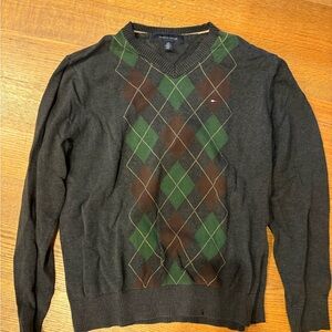 Tommy Hilfiger Men's V-Neck Sweater - Green and Brown Argyle